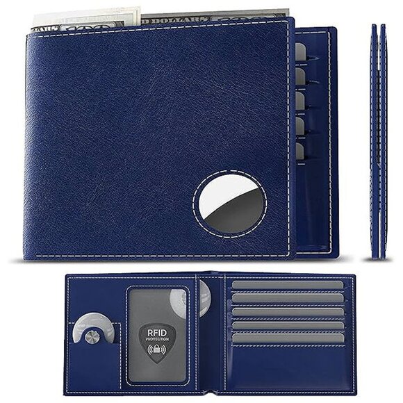 Mens Leather Wallet with AirTag Holder: Hidden Pocket , Blue